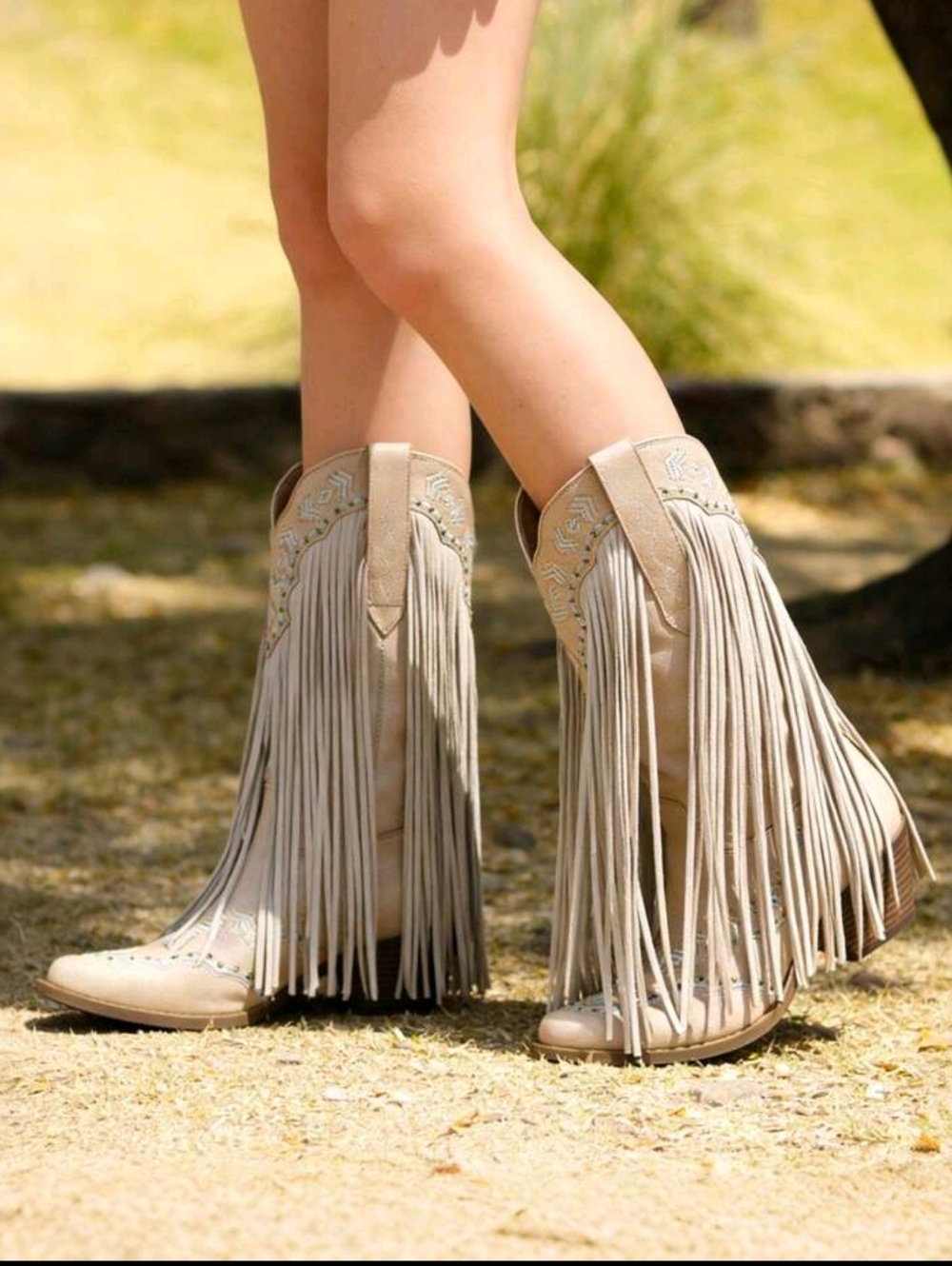 Fringe Knee-High Western Boots - Beige - Picture 4 of 9